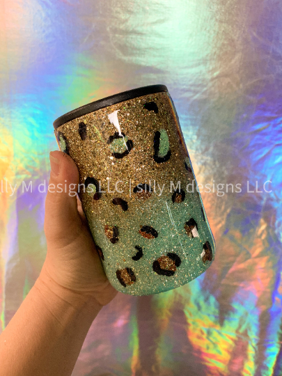 Gold and Mint Leopard Print Can Cooler