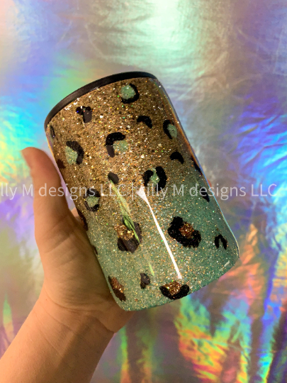 Gold and Mint Leopard Print Can Cooler