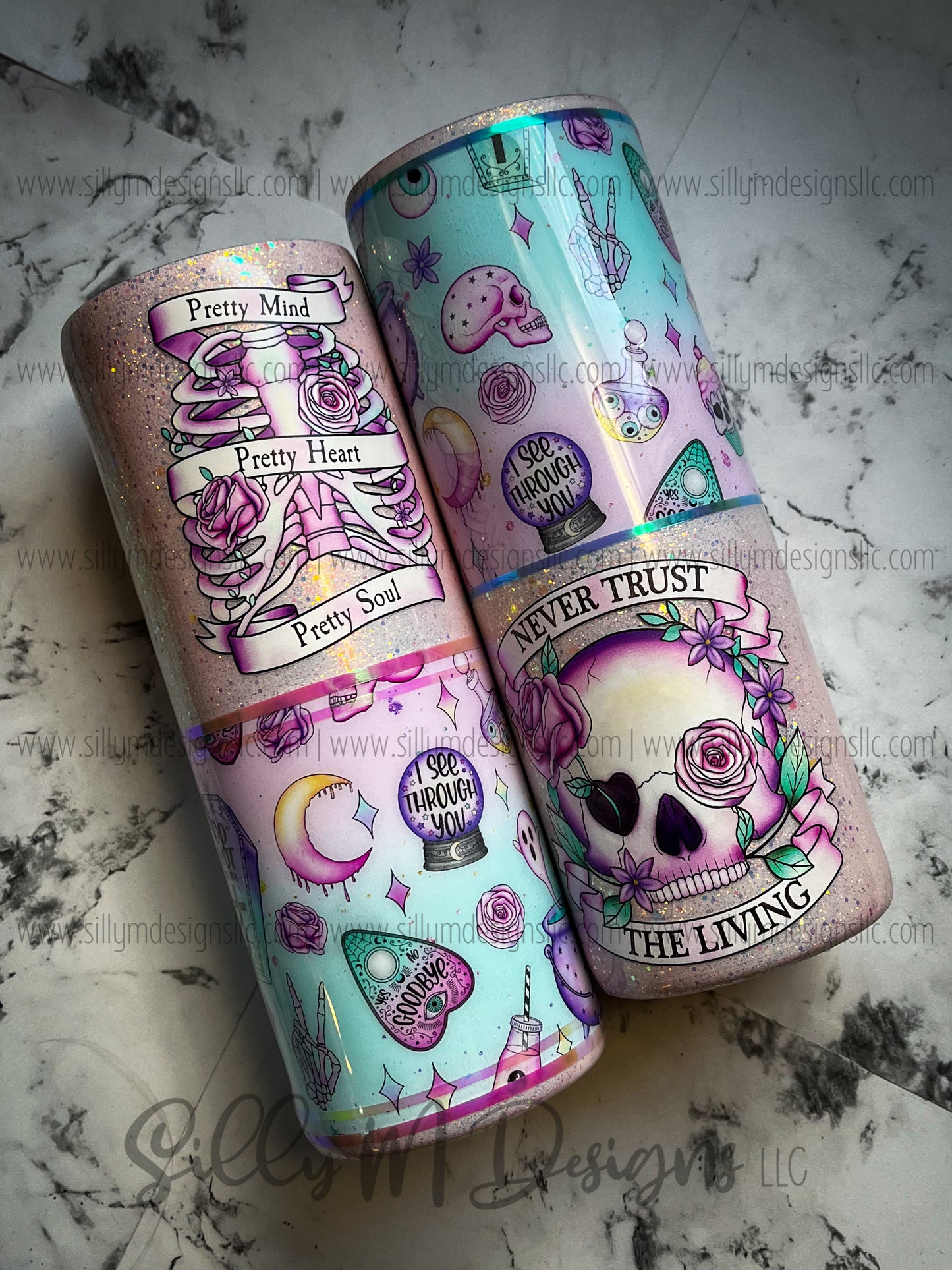 (RTS) Pastel Creepy Cute Glittered Tumblers