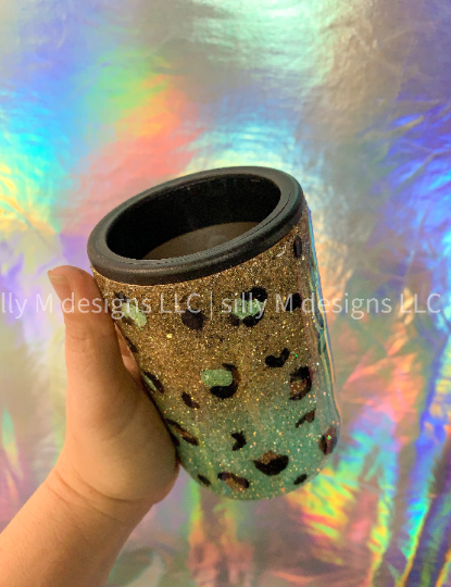 Gold and Mint Leopard Print Can Cooler