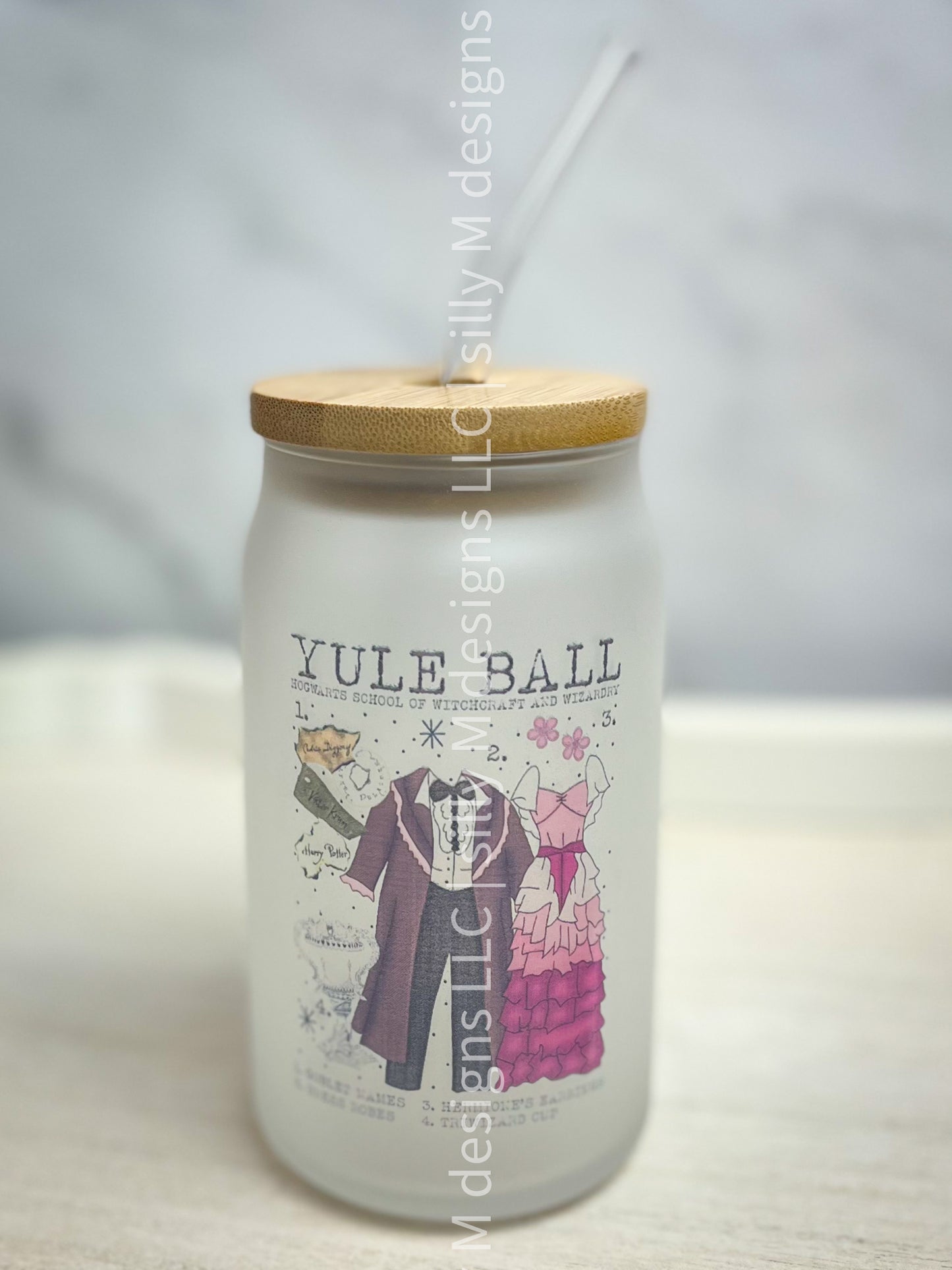 Yule Ball Chart Frosted Glass | 16 ounces, Bamboo Lid, Straw
